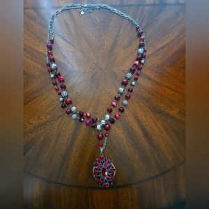 Beautiful Burgundy brooch pendant and silver necklace